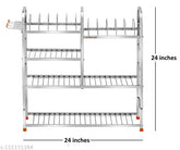 Stainless steel 4-shelf kitchen utensils rack, modular storage for dishes and cutlery. 24x24 inches upper plate, ideal for organizing kitchen essentials